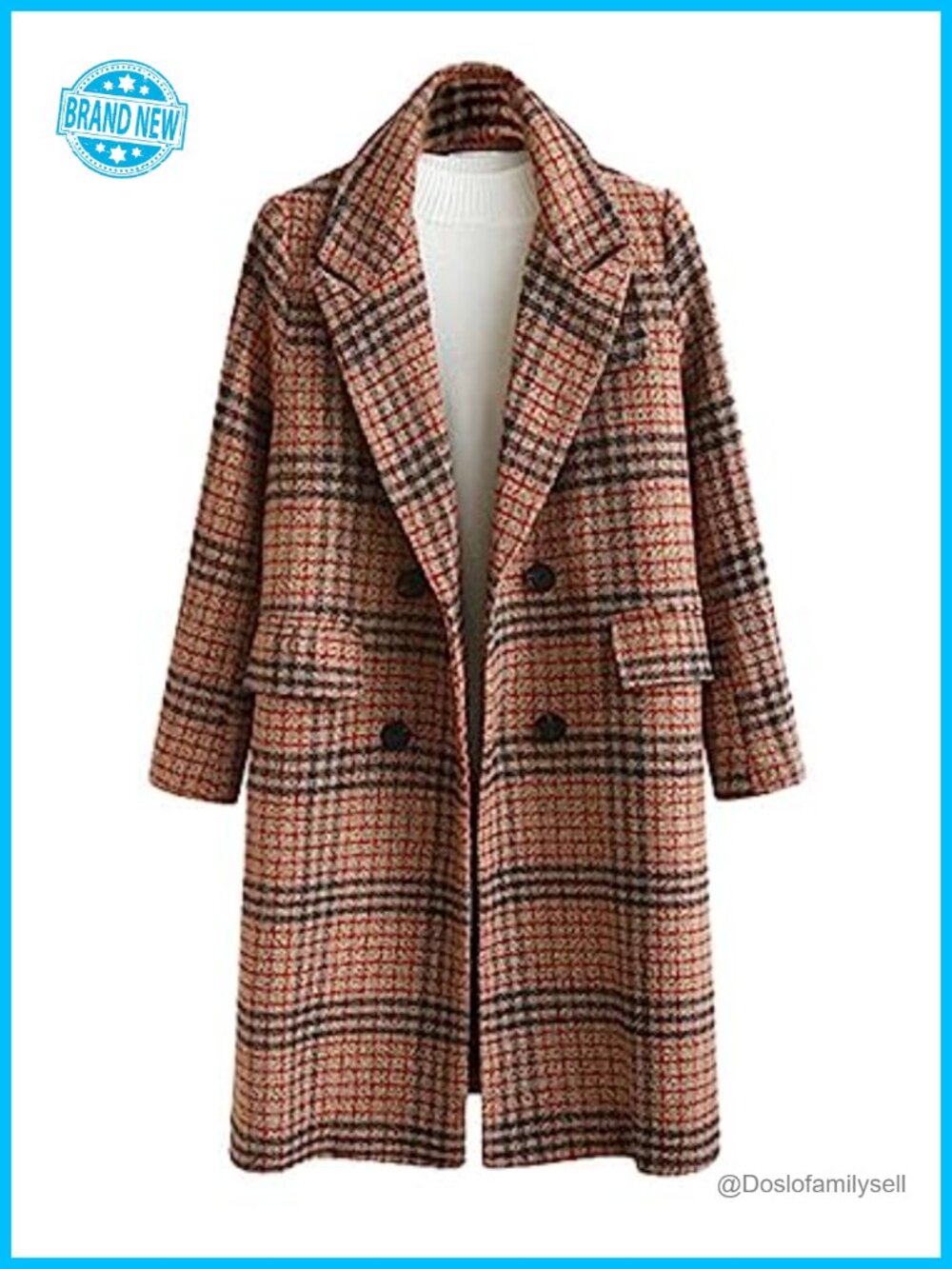 Oversize Lapel Collar Woolen Plaid Double Breasted Long Peacoat Jacket